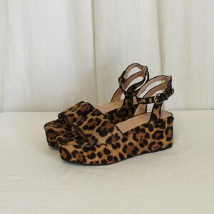 J Crew Leopard Calf Hair Wide Strap Platform Sandals *NEW*